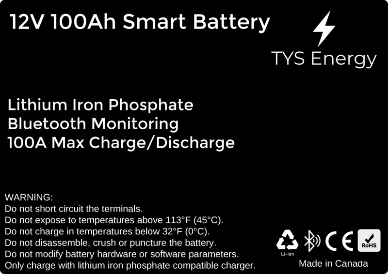 12V 100Ah Smart Battery label with safety info, Bluetooth monitoring, and specifications; Made in Canada.