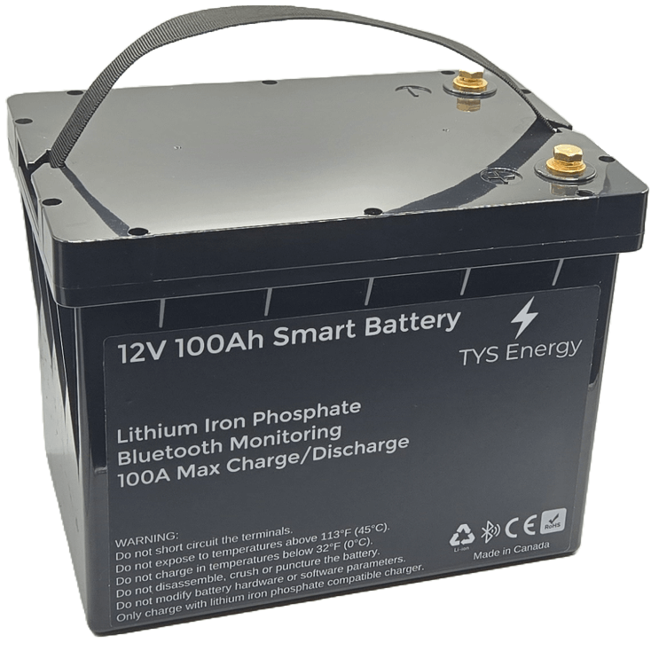 12V 100Ah Smart Battery with Bluetooth monitoring, made in Canada for long cycle life and genuine EV cells.