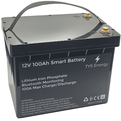 12V 100Ah Smart Battery with Bluetooth monitoring, made in Canada for long cycle life and genuine EV cells.