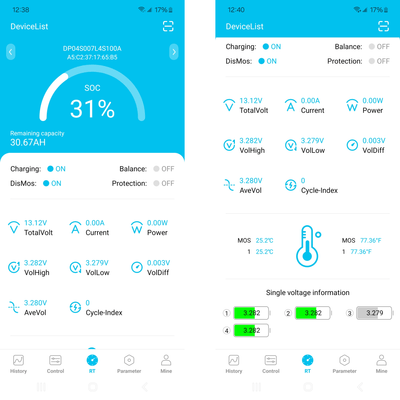 Smart battery monitor app interface showing SOC, voltage, and capacity details for 12V 100Ah battery.