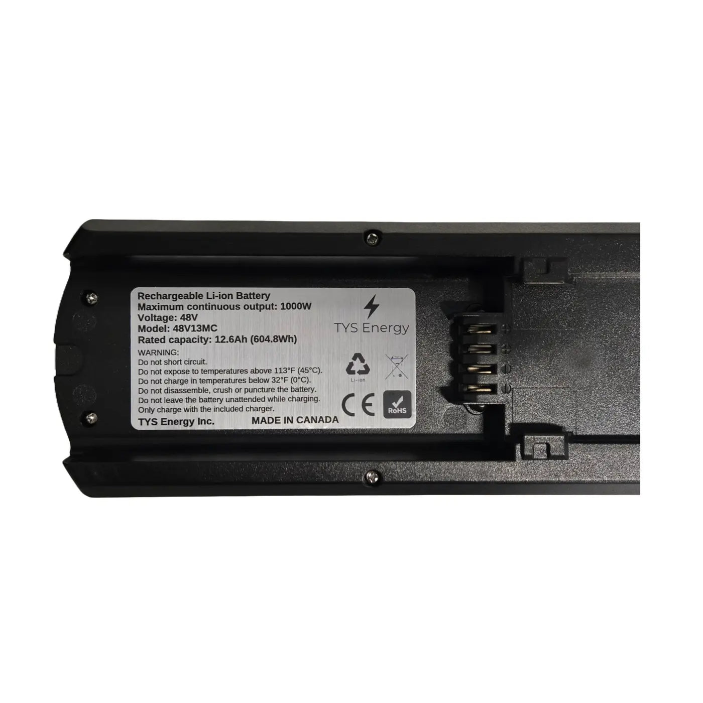 Close-up of warning label for TYS Energy 48v high performance ebike battery.