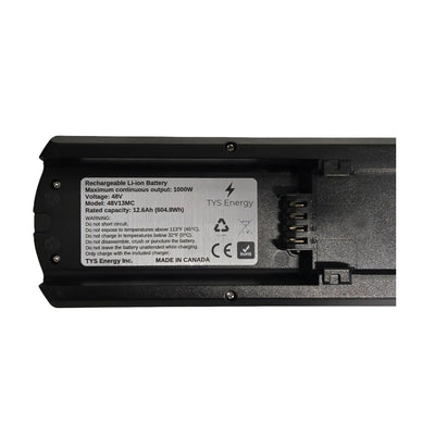 Close-up of warning label for TYS Energy 48v high performance ebike battery.