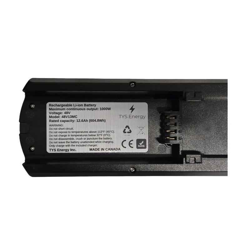 Close-up of warning label for TYS Energy 48v high performance ebike battery.