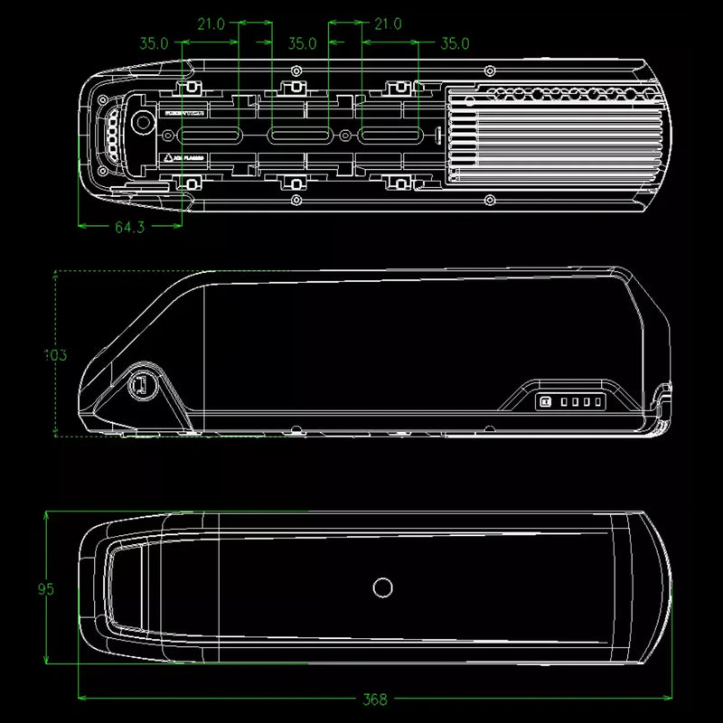 CAD Drawing of TYS Energy 48v ebike battery showing overall dimensions and mounting details.