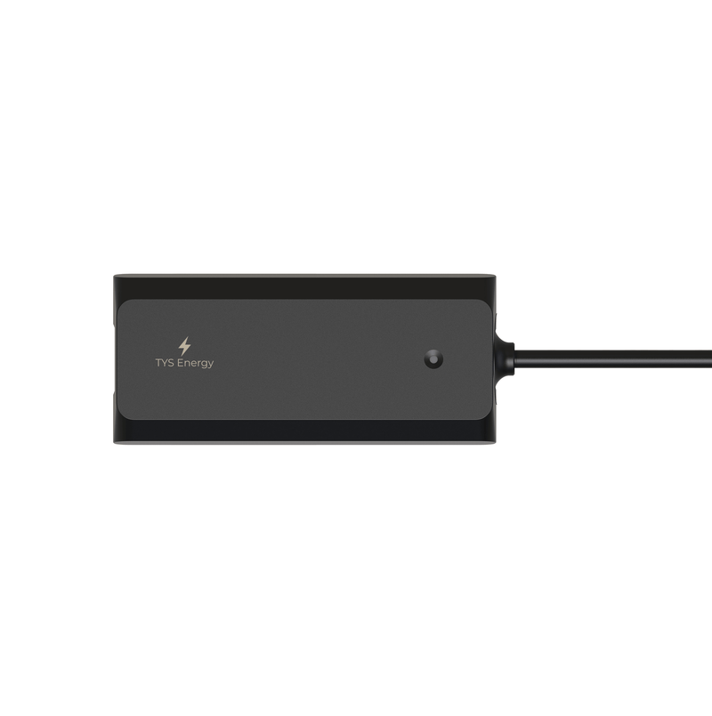 TYS Energy high-performance ebike battery charger with sleek black design and LED indicator, perfect for 48V battery systems.